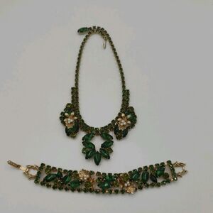 Vtg Weiss Green Orchid Rhinestone & Faux Pearl Necklace & Bracelet Signed